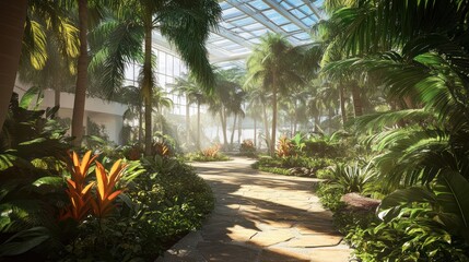 Fototapeta premium Tropical conservatory walkway, sunlight through plants, calm atmosphere, interior view, great for interior design inspiration