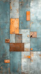 Abstract wall paneling design, featuring a patchwork of weathered metal and wood tiles in various muted colors