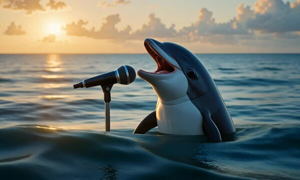 Happy dolphin with open mouth singing into microphone above ocean waves at golden hour with cloudy sky. Fun and surreal marine concept