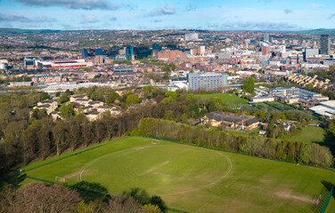 Aerial panoramic image of Sheffield city skyline from the vantage point of Norfolk Heritage Park