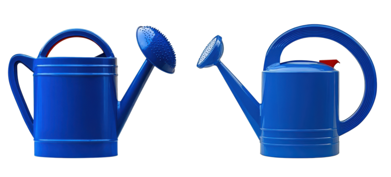 blue watering cans on white background, two objects