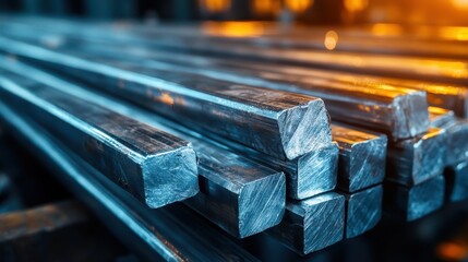 This image depicts a close-up view of shiny steel bars stacked neatly, highlighting their smooth surfaces and industrial surroundings that showcase craftsmanship.