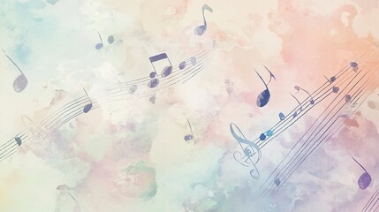 Obraz premium Abstract watercolor background in soothing pastel tones with subtly drawn music notes, creating a gentle and melodic atmosphere. Frontal perspective, soft focus. 