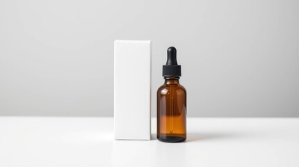 Amber glass dropper bottle with white box on white background (1)