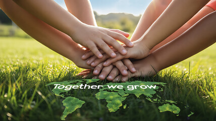 A group of diverse hands united in solidarity, forming a world map over the lush green grass, symbolizing global cooperation and environmental unity.