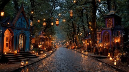 Fototapeta premium Enchanting night in a lantern-lit village serene street photography dreamy atmosphere wide angle