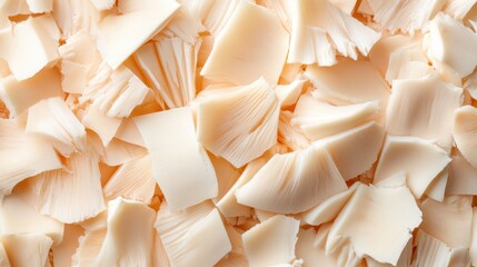 An artistic portrayal of scattered pieces of creamy white material laid out in a seemingly random pattern, celebrating abstraction and the delicate beauty of arrangement in art.