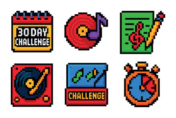 Retro music challenge pixel art icons set - vintage game, 8-bit sound symbols