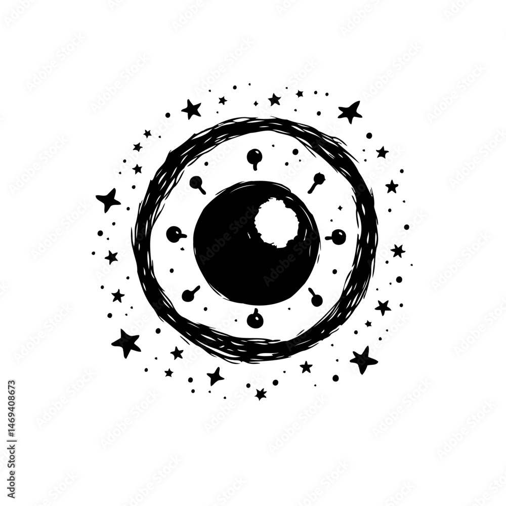 Poster stylized cosmic entity emitting starlight, encapsulated within a rough circular boundary