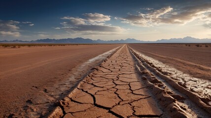 Endless Mud Road Leading to Distant Mountains with Desert Sky