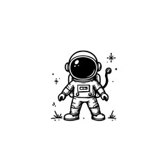 Monochrome illustration of a whimsical astronaut standing amidst the stars