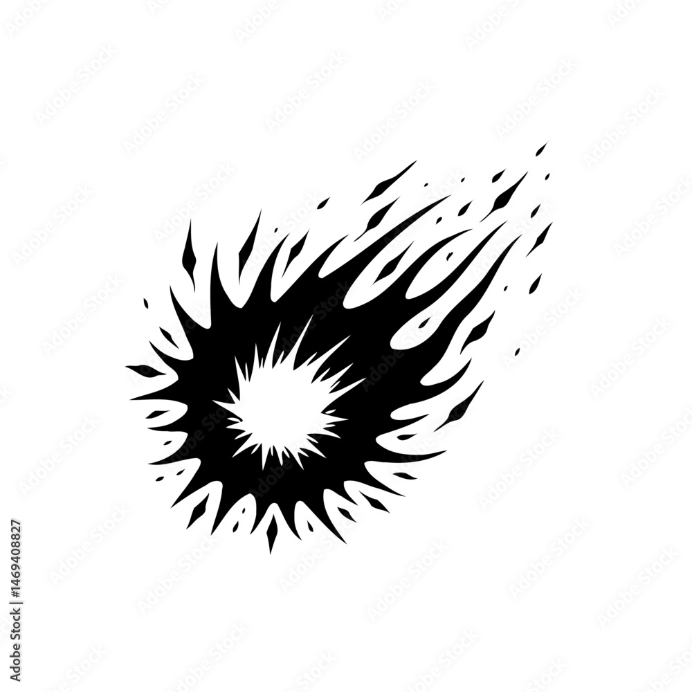Poster abstract meteor hurtling through space with tail, isolated on white background