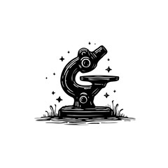 Artistic line drawing of a vintage microscope illuminating scientific discovery