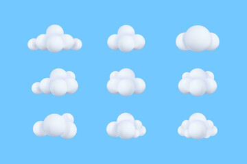 3D Clouds Set – Soft Puffy Cloud Collection on Blue Sky Background