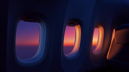 Airplane windows showcase sunset hues over clouds, evoking feelings of travel, adventure, and freedom. A serene, atmospheric image ideal for travel or aviation concepts