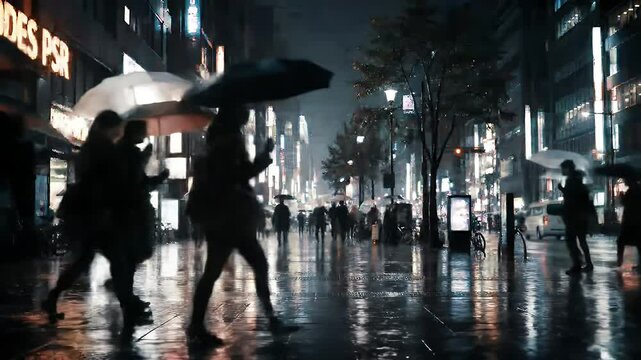 Rainy night street scene in a bustling city