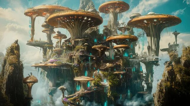 Futuristic Cityscape surrounded by Mushrooms and Trees