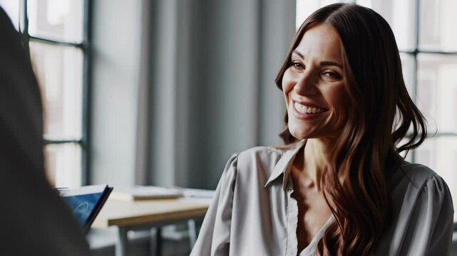 Engaging interview conversation with smiling woman in modern office setting