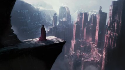 Man enjoying futuristic city view from mountain top