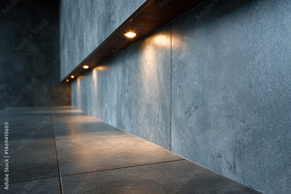 Aufkleber gray tile wall with recessed lighting, creating subtle illumination and showcasing a modern, minimal