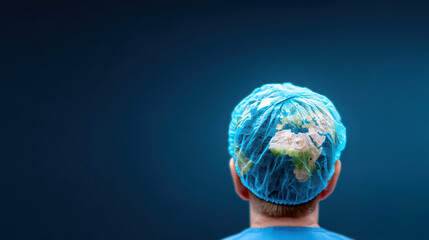 A person wearing a surgical cap resembling a world map, symbolizing global healthcare and unity.