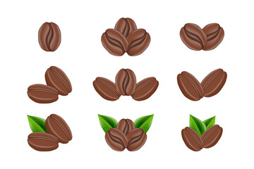 Realistic Coffee Beans Collection with Green Leaves – Vector Set