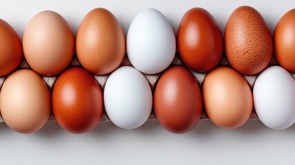 A neat arrangement of assorted eggs displaying various colors and textures, capturing the essence of simplicity, freshness, and the diverse possibilities in cooking.