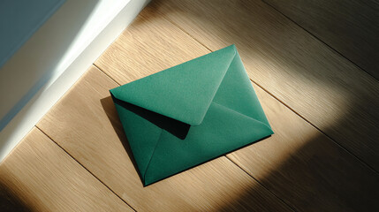 Green envelope on light brown wood floor, sunlit scene, showcasing simplicity and elegance, ideal for minimalist or corporate branding
