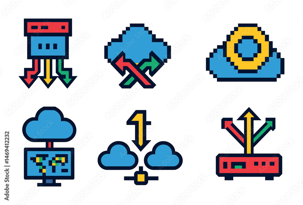 Poster cloud computing pixel art icons set – technology, network, data visualization symbols