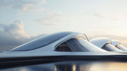 Futuristic solar power station with sleek panels against a crisp white backdrop
