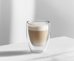 Transparent double-walled glass cup of latte art.  Aromatic, creamy, and refreshing beverage