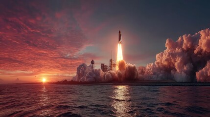 Spectacular spacecraft launch over ocean horizon at sunset steam clouds rising stunning viewpoint