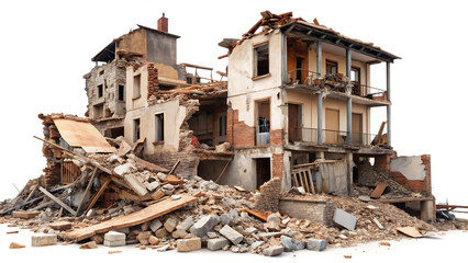  destroyed buildings after earthquake isolated on white background PNG , AI GENERATED