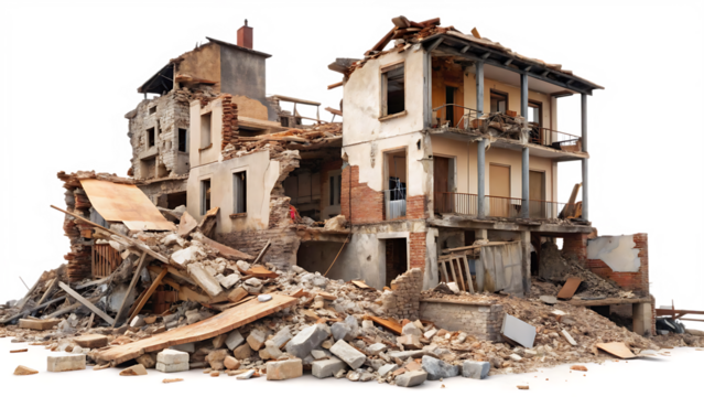  destroyed buildings after earthquake isolated on white background PNG , AI GENERATED