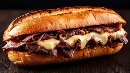 A delicious sandwich featuring layers of roast beef and melted cheese, nestled in a perfectly toasted hoagie bun, ideal for meat lovers seeking comfort food.