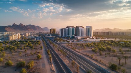 Modern Cityscape with High-Rise Buildings and Highway