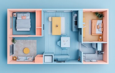 Fototapeta premium Modern Minimalist Apartment Layout with Stylish Furniture and Bright Colors in a 3D Rendered Interior Design