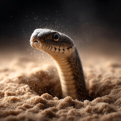 Snake emerging from hole in desert with dust particles