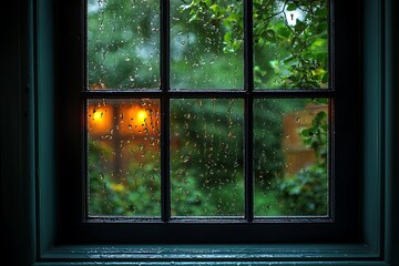 Rainy day view through a windowpane into a garden.
