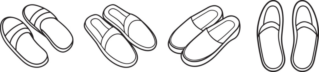set of slippers line art, black outline, vector and illustration, coloring book page line art drawing