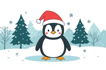 Cute penguin in santa hat on snowy landscape.