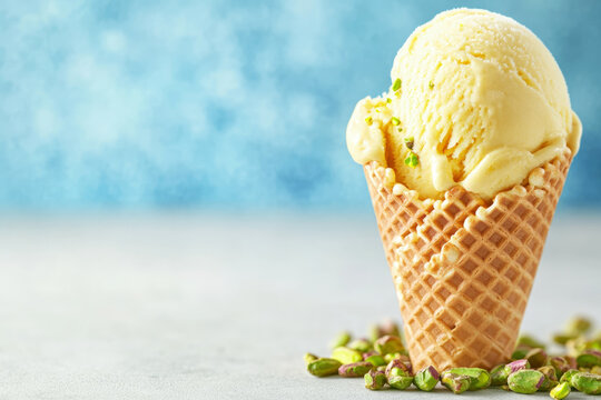 Saffron Pistachio Ice Cream in Waffle Cone Copy Space