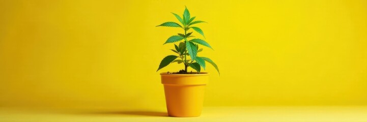 Obraz premium Vibrant young marijuana plant in colorful cup Yellow backdrop , ganja, equality, hemp
