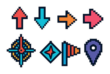 Navigation and direction pixel art icons set &ndash; retro, compass, map symbols