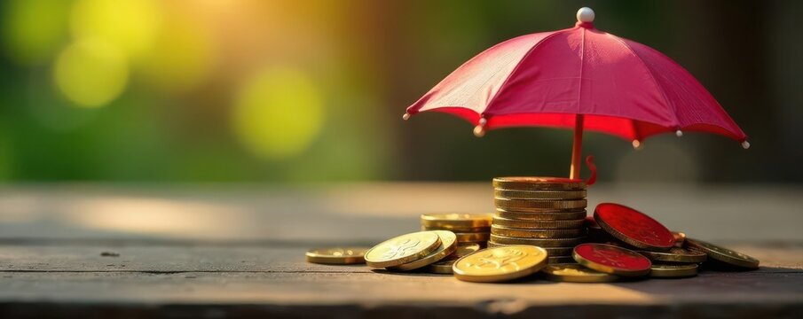 Close-up of coins shielded by umbrella on wooden surface Wealth preservation , umbrella, saving, red