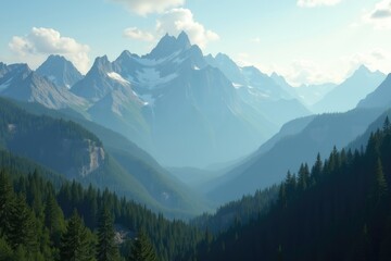 Obraz premium Cinematic View of Alpine Peaks and Lush Evergreen Forests