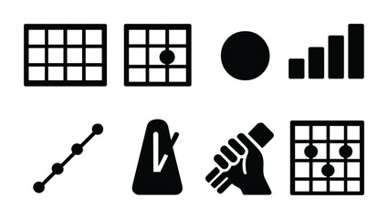 Music and guitar chord solid icons set – filled, metronome, musical symbols