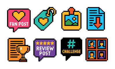 Social media pixel art icons set – chat, engagement, digital interaction symbols
