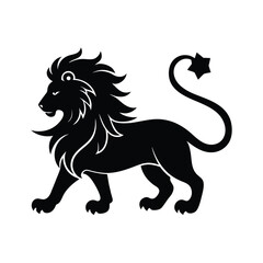 Black silhouette of a majestic lion facing left with a star-shaped tail isolated on a white background