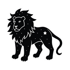 A stylized black and white illustration of a lion decorated with celestial stars and constellation details